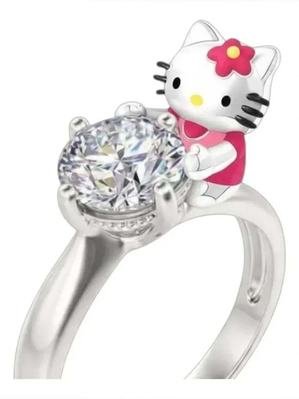925 Sterling Silver Hello Kitty Sanrio Hugging Diamond Solitaire Ring Character